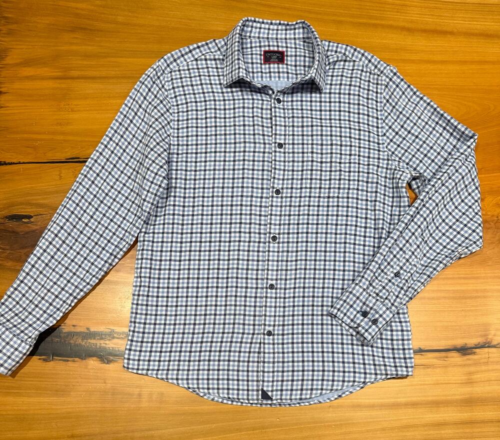 UNTUCKIT Blue plaid Shirt L Large Soligo Lightweight